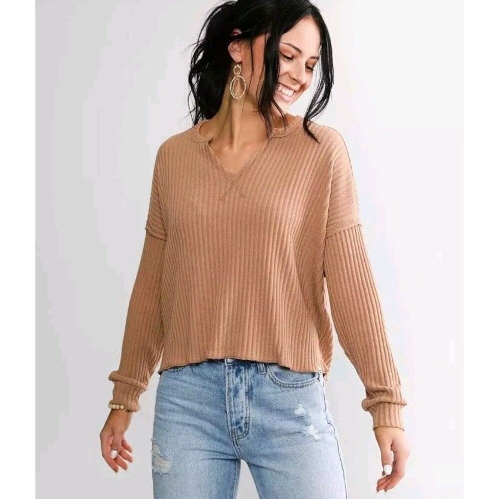 Billabong Essentials 'So Easy' Ribbed Top Size Medium Light Brown Long Sleeve